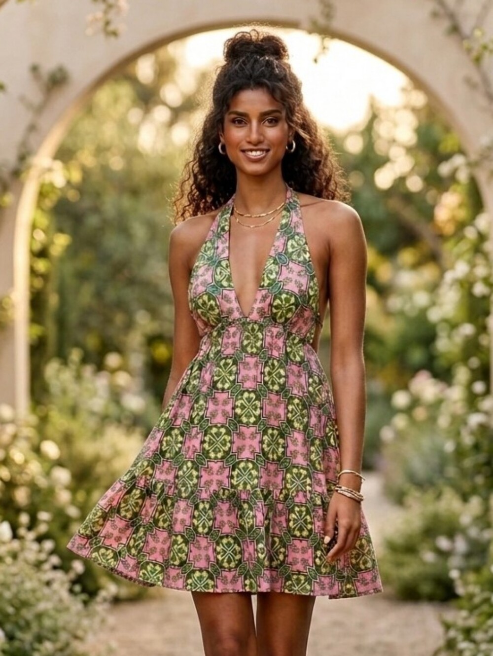 House of Harlow 1960 Linen Halter Mini Dress Pink Green Tile Print Boho S